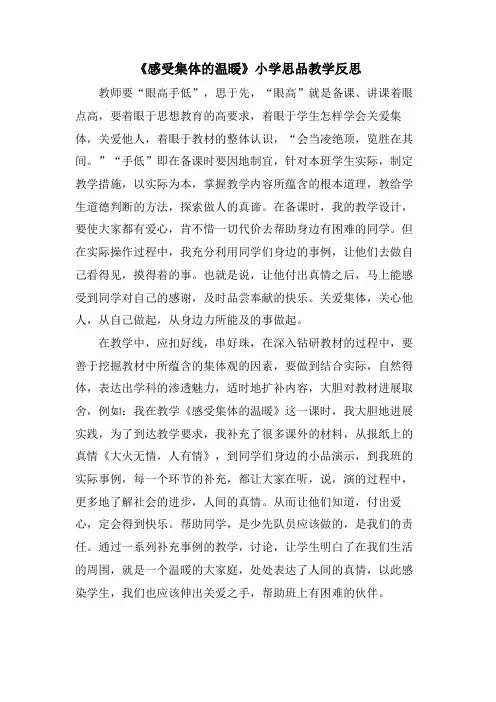 《感受集体的温暖》小学思品教学反思