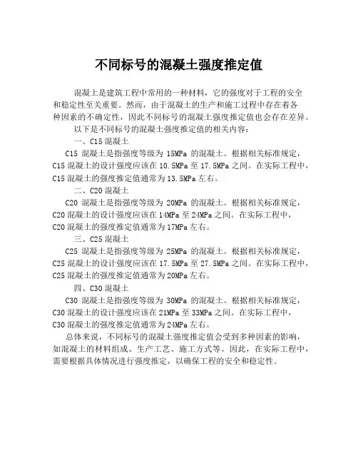 不同标号的混凝土强度推定值