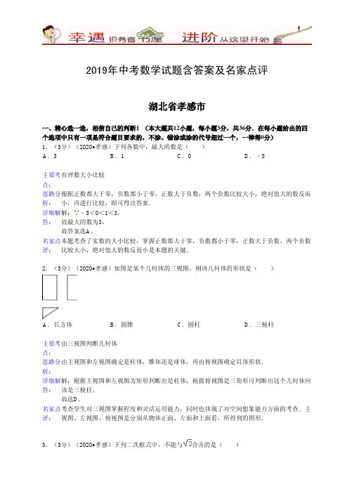 2019年中考数学试题含答案及名家点评：湖北省孝感市