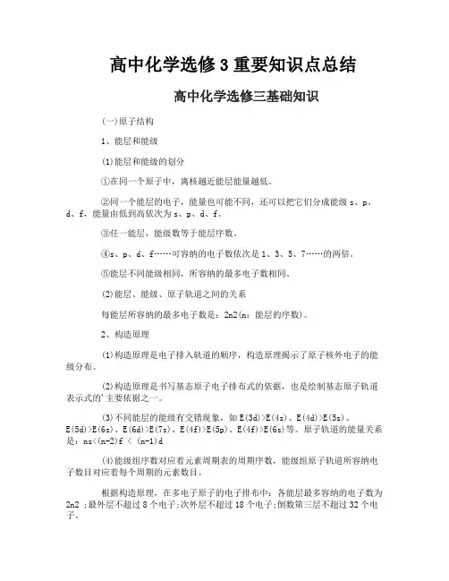 高中化学选修3重要知识点总结