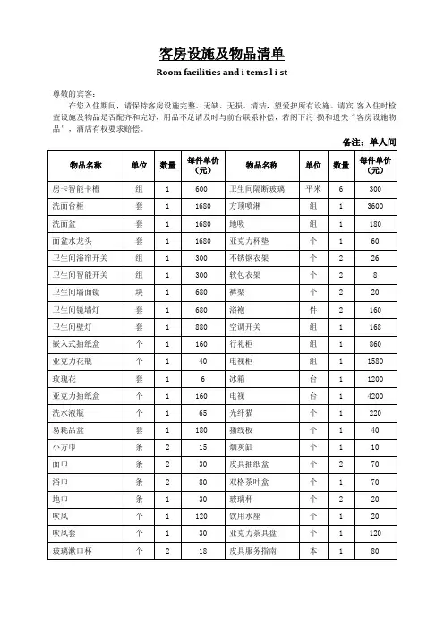 房间内物品清单
