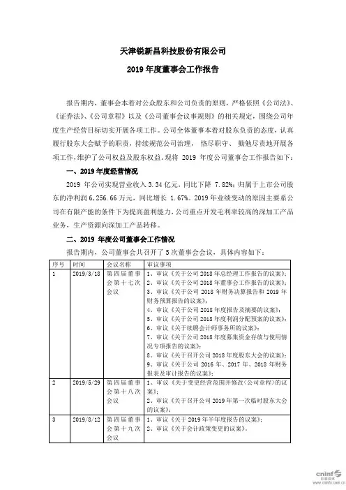 锐新科技：2019年度董事会工作报告