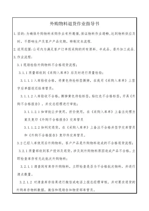 外购物料退货作业指导书