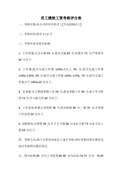 员工绩效工资考核评分表