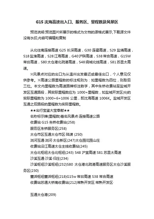 G15沈海高速出入口、服务区、里程数及风景区