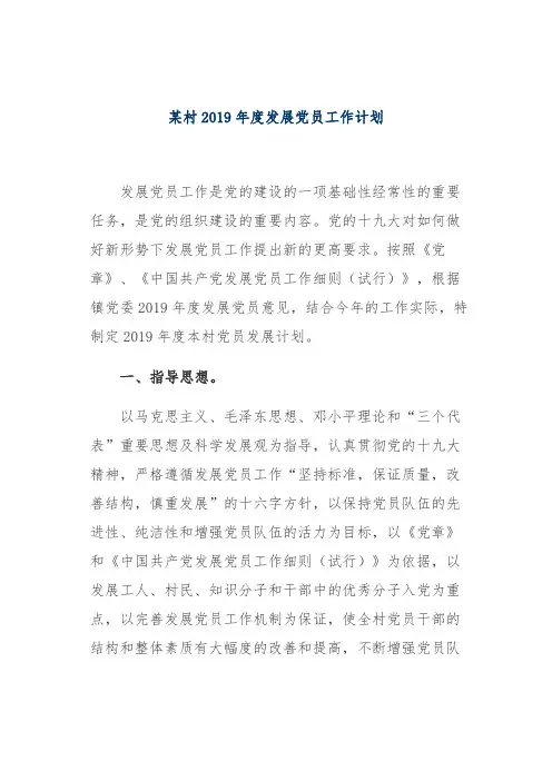 某村2019年度发展党员工作计划