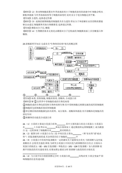 2023-2024学年高中生物沪教版高中第一册第3章 生命的结构基础单元测试(含答案解析)