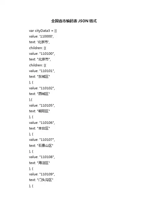 全国省市编码表JSON格式