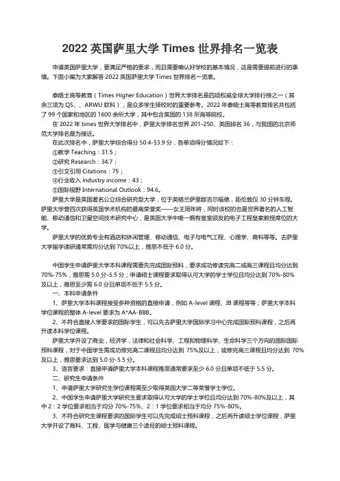 2022英国萨里大学Times世界排名一览表