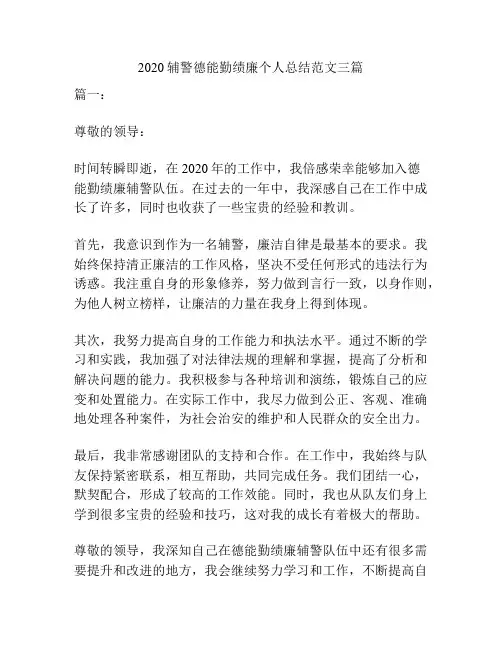 2020辅警德能勤绩廉个人总结范文三篇