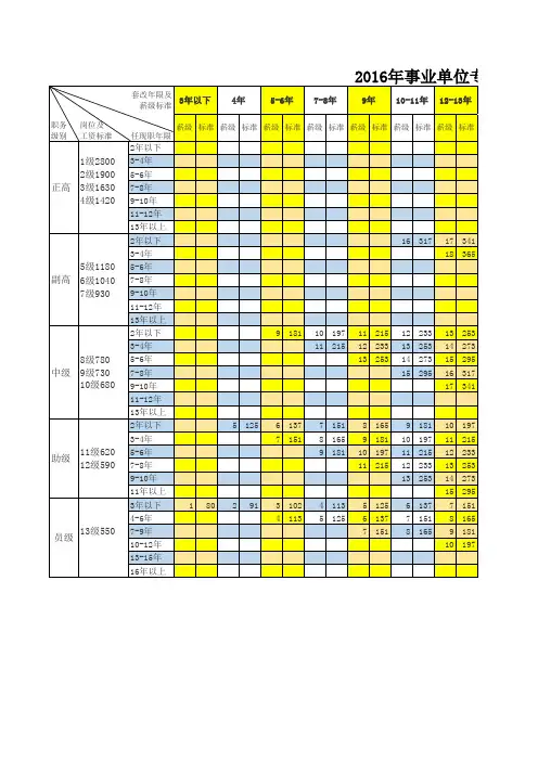 2016年事业单位专业技术人员工资套改表