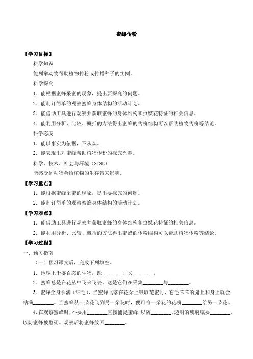 三年级科学下册第三单元10蜜蜂传粉-导学案-冀人版(2017)