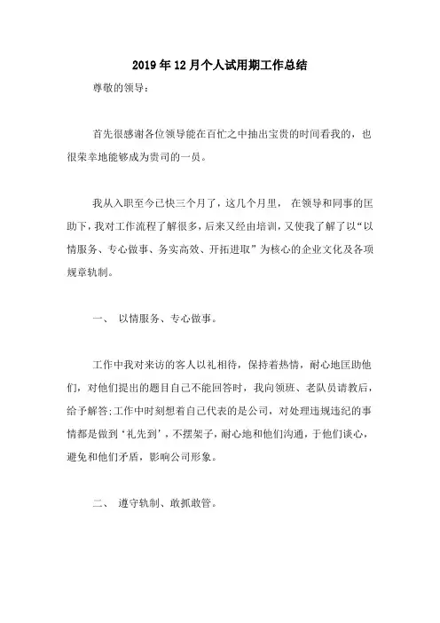 2019年12月个人试用期工作总结