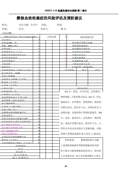VTE预防评分表(中文版)