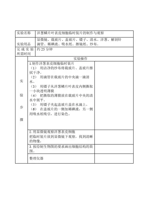 洋葱鳞片叶表皮细胞临时装片的制作与观察实验报告