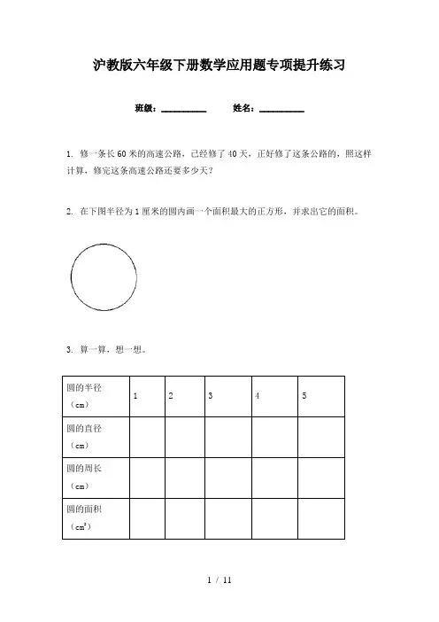 沪教版六年级下册数学应用题专项提升练习