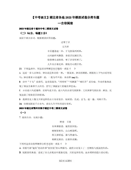 【中考语文】湖北省各地2022-2023学年模拟试卷分类专题—古诗阅读(含解析)