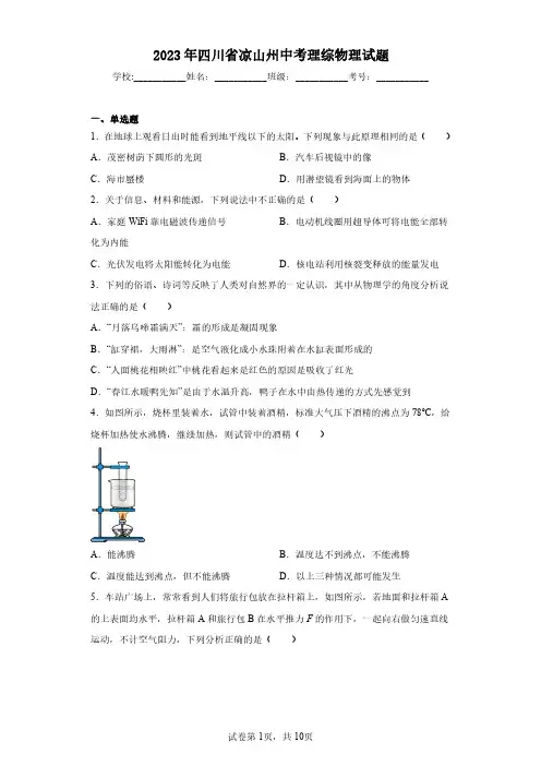 2023年四川省凉山州中考理综物理试题(含答案解析)