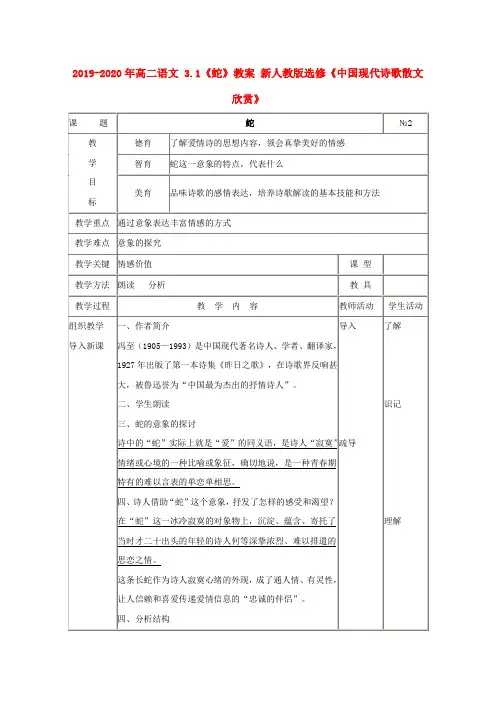 2019-2020年高二语文 3.1《蛇》教案 新人教版选修《中国现代诗歌散文欣赏》