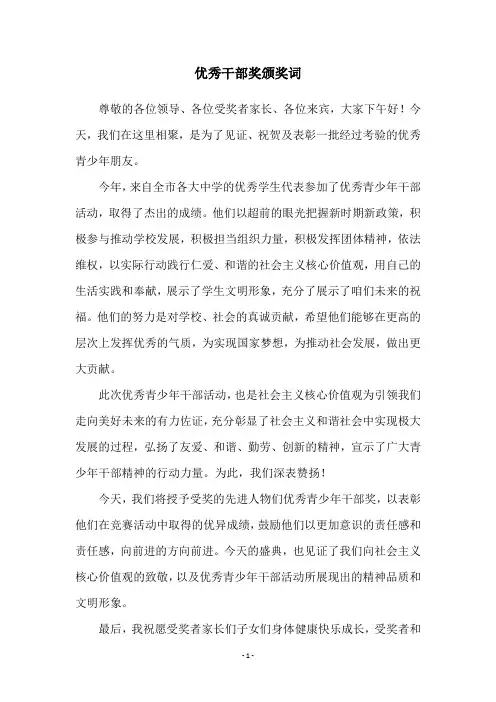 优秀干部奖颁奖词