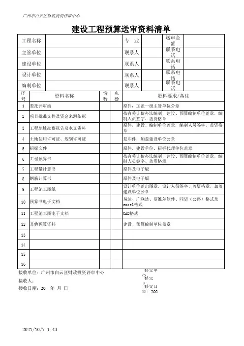 工程预算送审资料清单