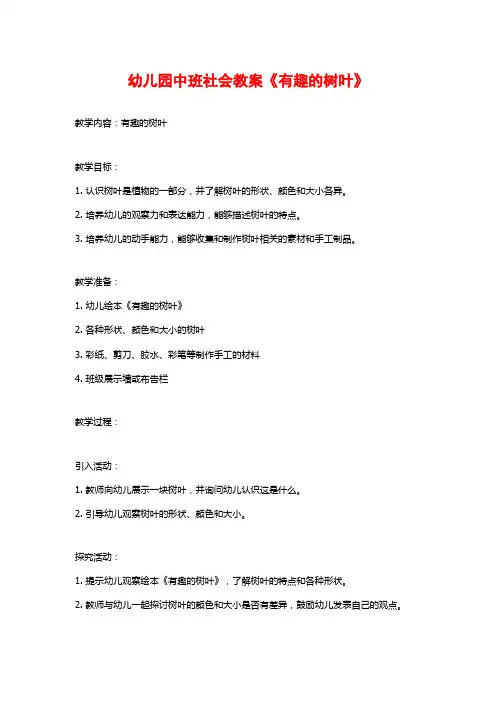 幼儿园中班社会教案《有趣的树叶》