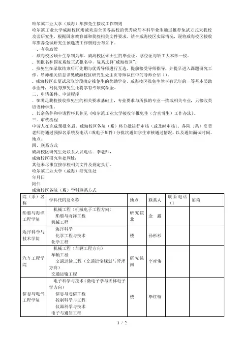 哈尔滨工业大学(威海)2019年推免生接收工作细则
