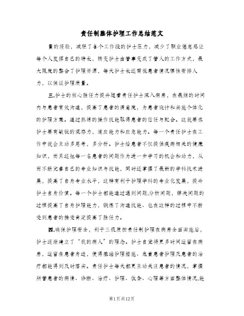 责任制整体护理工作总结范文(五篇)