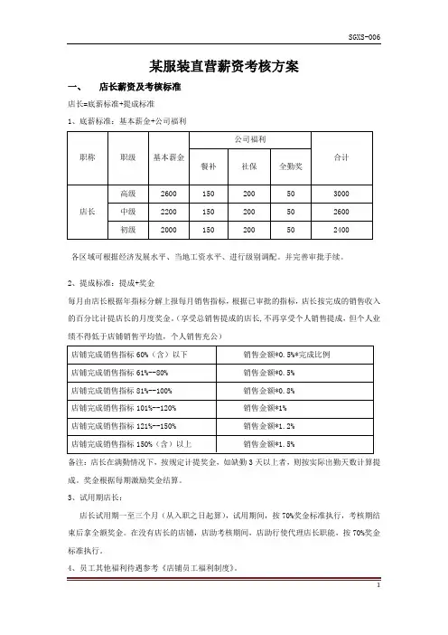 某服装店直营薪资考核方案
