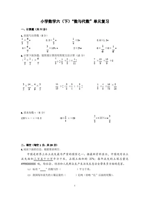 苏教版小学数学六年级下册数与代数复习卷模拟卷