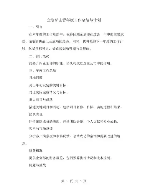 企划部主管年度工作总结与计划