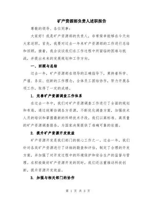矿产资源部负责人述职报告
