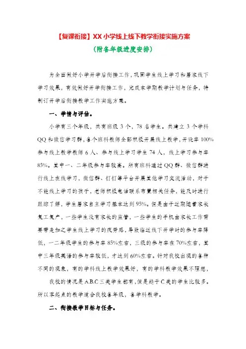 【复课衔接】XX小学线上线下教学衔接实施方案(附各年级进度安排)