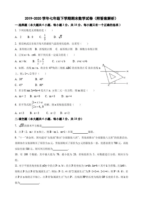 2019-2020学年七年级下学期期末考试数学试卷(附答案解析)