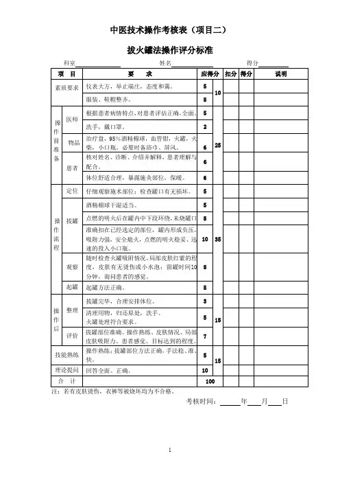 拔火罐法操作评分标准 2