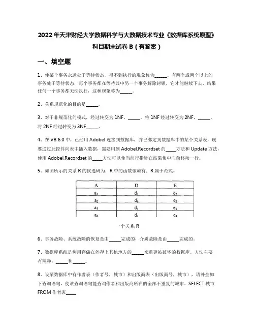 2022年天津财经大学数据科学与大数据技术专业《数据库系统原理》科目期末试卷B(有答案)
