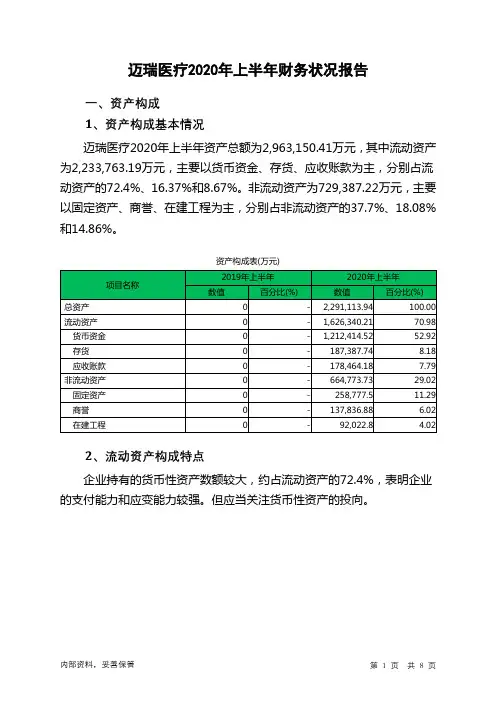 迈瑞医疗2020年上半年财务状况报告