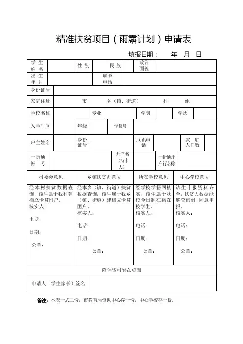 精准扶贫项目“雨露计划”申请表