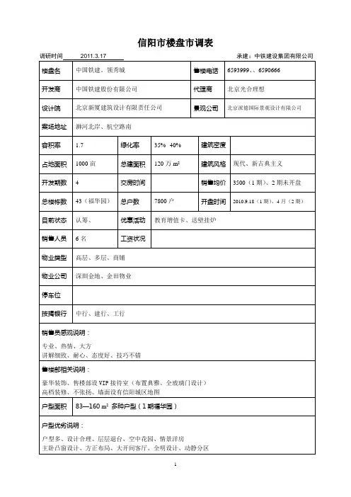 信阳市楼盘市调汇总表讲解