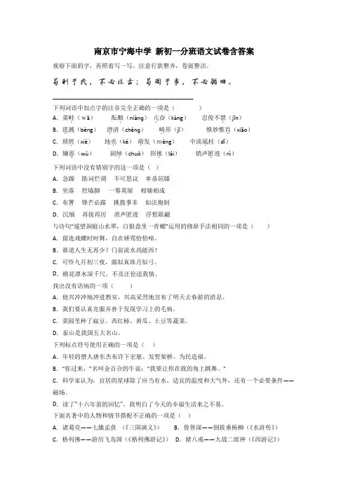 南京市宁海中学 新初一分班语文试卷含答案