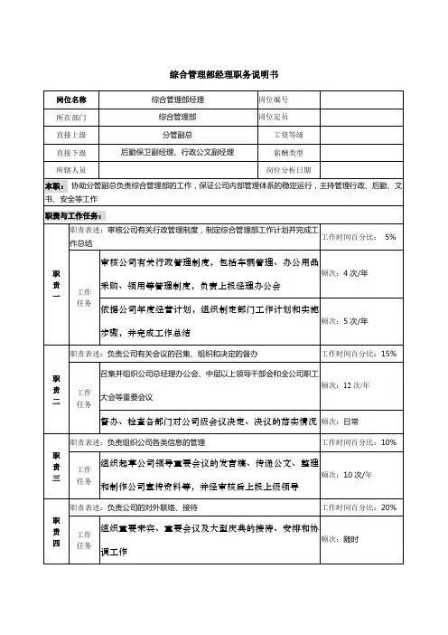 信托投资公司综合管理部经理职务说明书