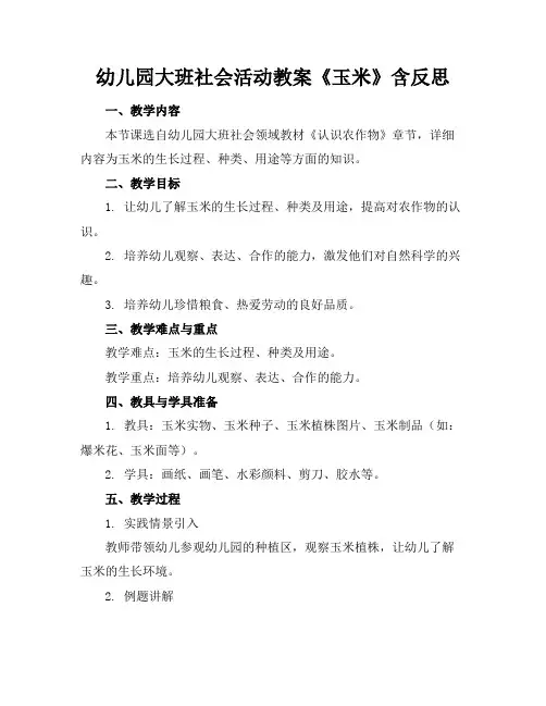 幼儿园大班社会活动教案《玉米》含反思