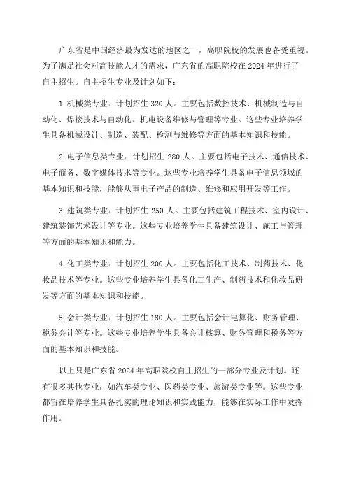 广东省2024年高职院校自主招生专业及计划