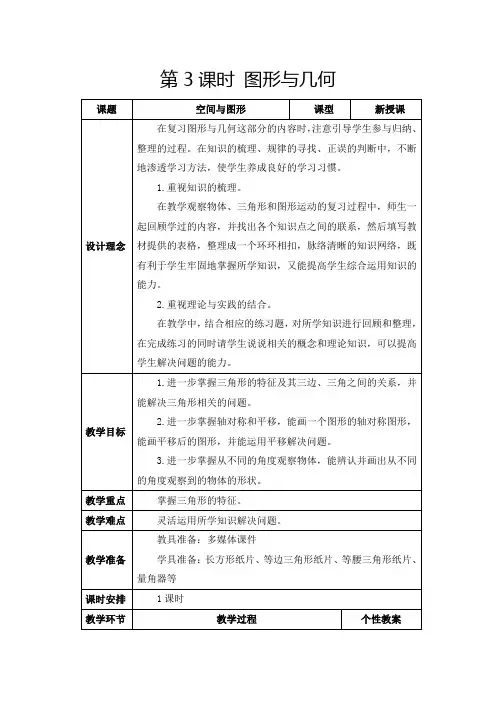 人教版四年级下册《总复习：图形与几何》教学设计及反思