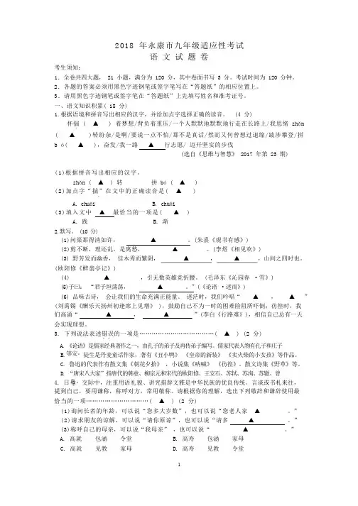 2018年永康市九年级适应性考试语文试卷(附参考答案)
