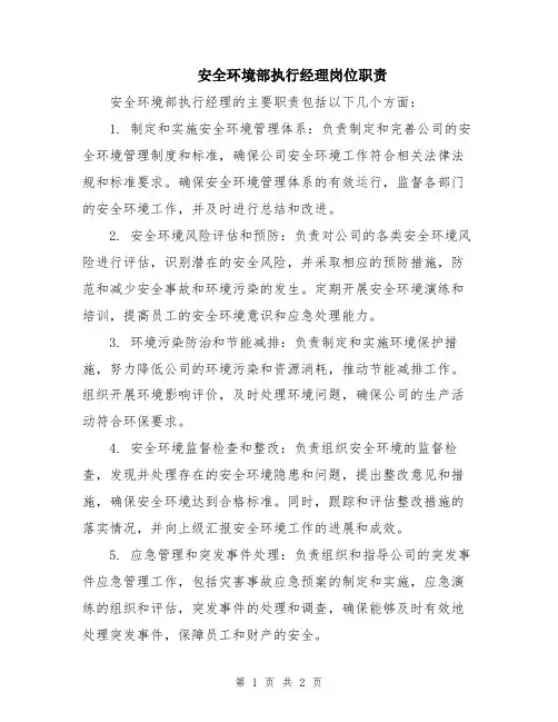 安全环境部执行经理岗位职责