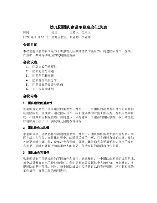 幼儿园团队建设主题班会记录表