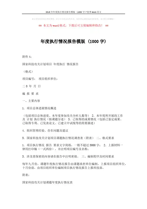 2019年年度执行情况报告模版 (1000字)-优秀word范文 (2页)