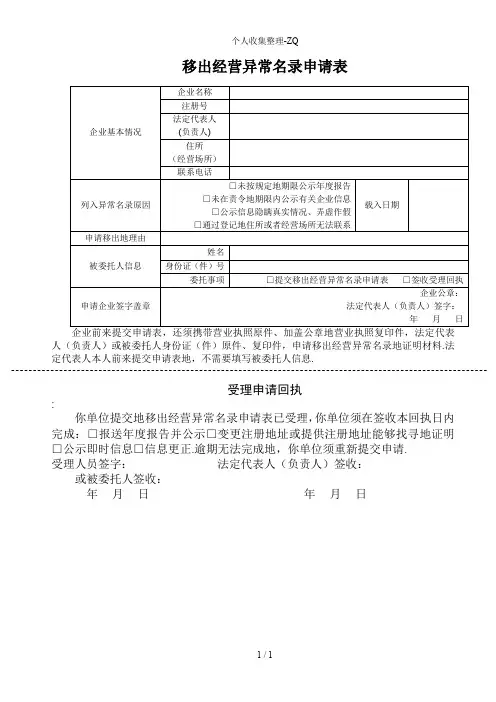 移出经营异常名录申请表(模板)