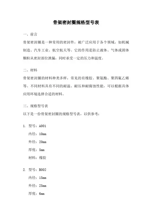 骨架密封圈规格型号表